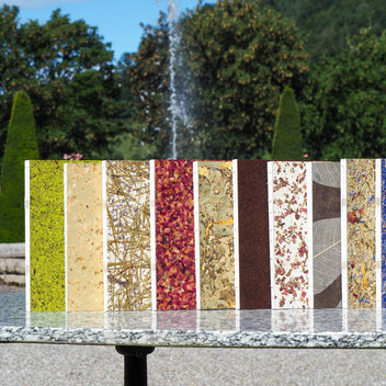 Diverse handgebundene Notizbücher mit Organoid-Umschlägen im Schlosspark Oberdiessbach